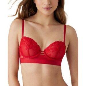 B.Tempt'd by Wacoal Lace Balconette Bra Red Underwire Sheer Strappy 34DD